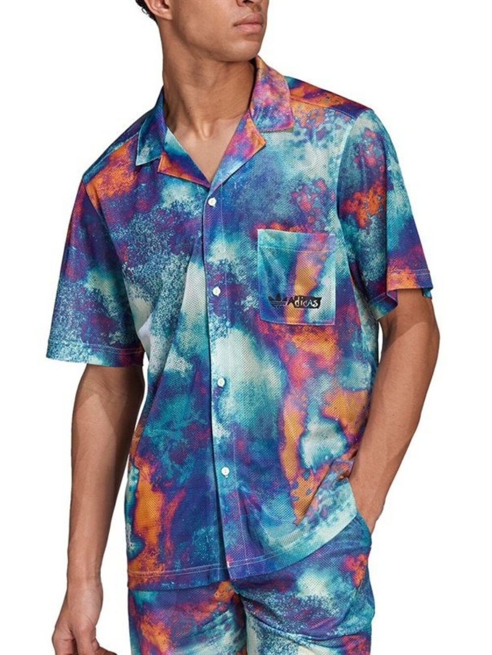 Adidas Originals Shirt Men Medium Multicolor Tie Dye Mesh Short Sleeve Button Up